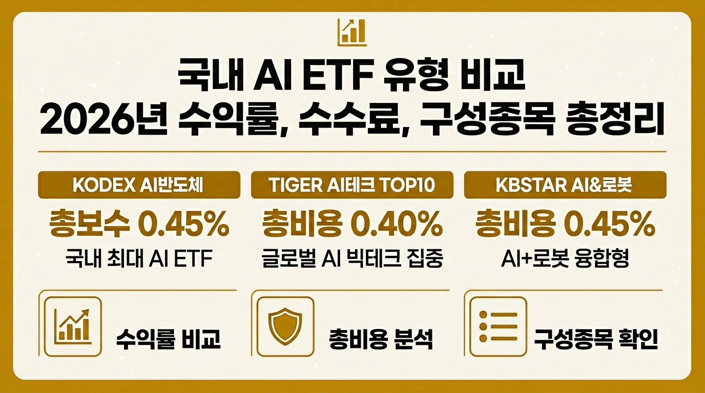 국내 AI ETF 비교 인포그래픽 – KODEX·TIGER·KBSTAR 수익률·총보수·구성종목 2026 정리