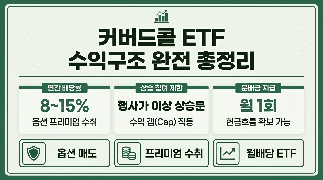 커버드콜 ETF 수익 구조 인포그래픽 – 옵션 프리미엄 수취 원리·분배율·상승 제한 리스크 정리