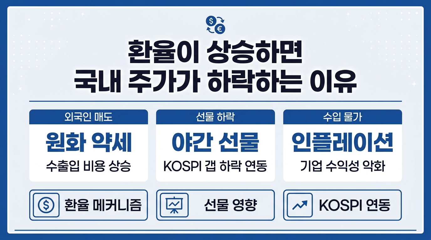 환율 오르면 국내 주가 하락하는 이유와 미국 지수 선물 코스피 영향 정리 인포그래픽