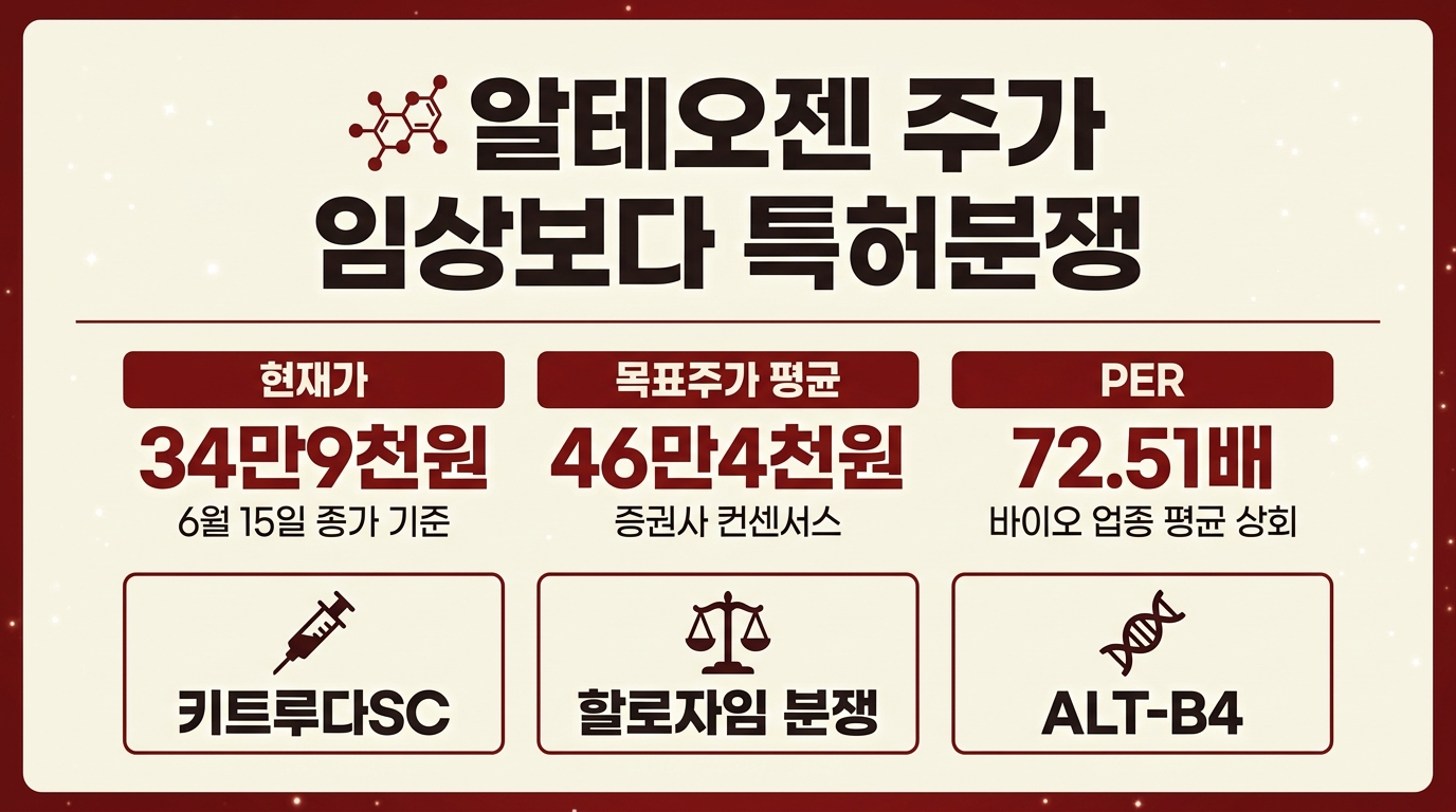 알테오젠 주가 인포그래픽 – 종가 34만9천원 목표주가 46만4천원 PER 72배 비교