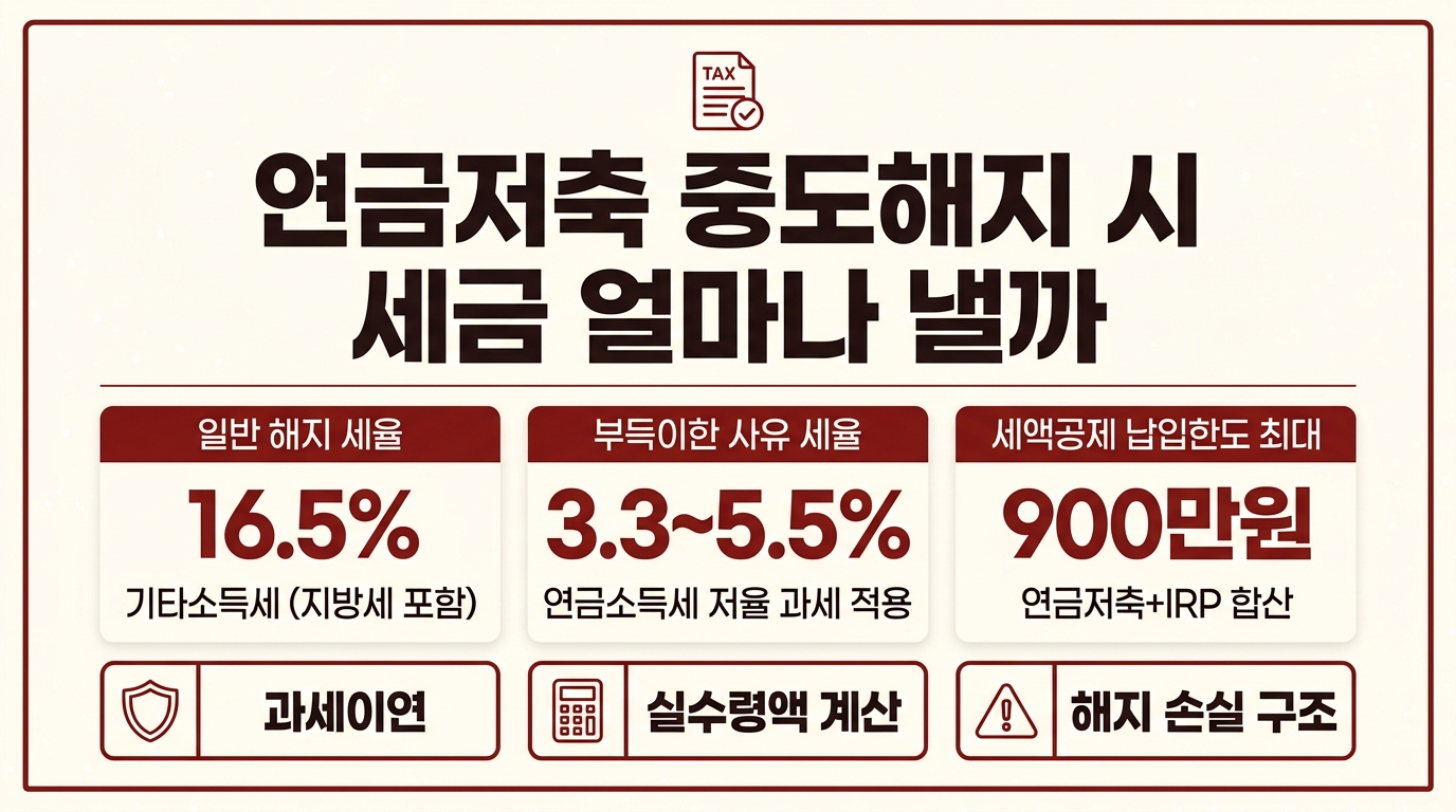 연금저축 해지 시 세금 기타소득세 16.5% 부과 구조와 실수령액 계산 인포그래픽