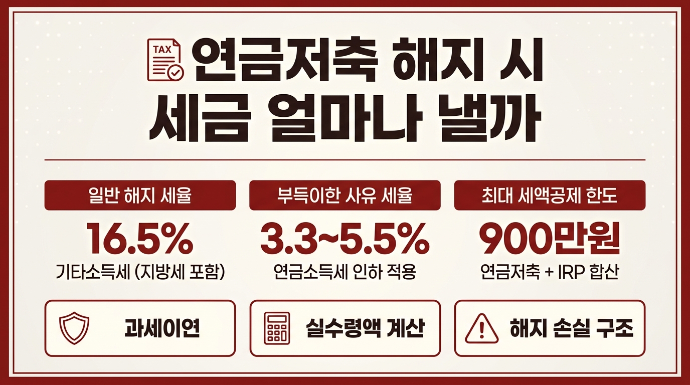 연금저축 해지 시 세금 기타소득세 16.5% 부과 구조와 실수령액 계산 인포그래픽