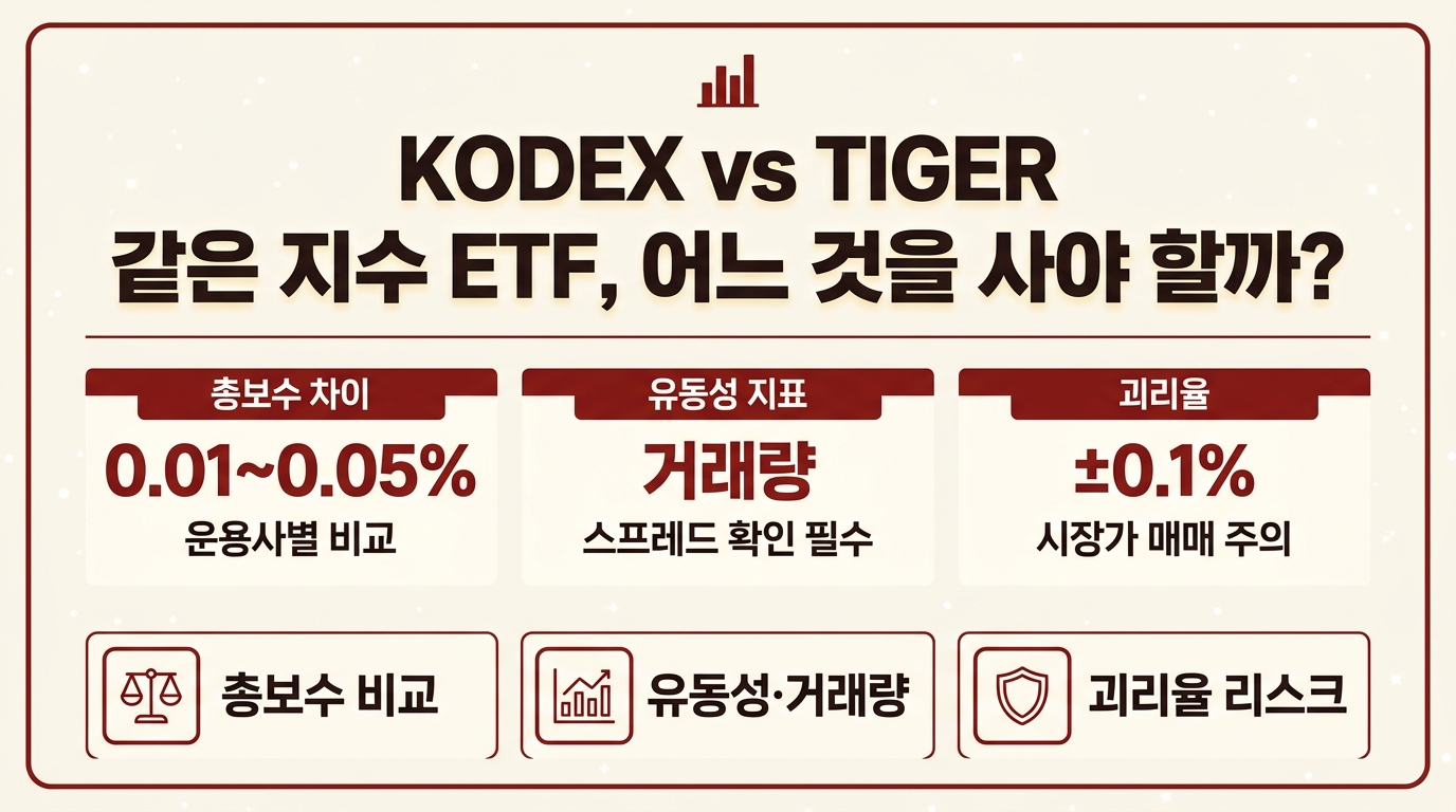 KODEX TIGER ETF 비교 인포그래픽 – 총보수·유동성·괴리율 선택 기준 한눈에 정리
