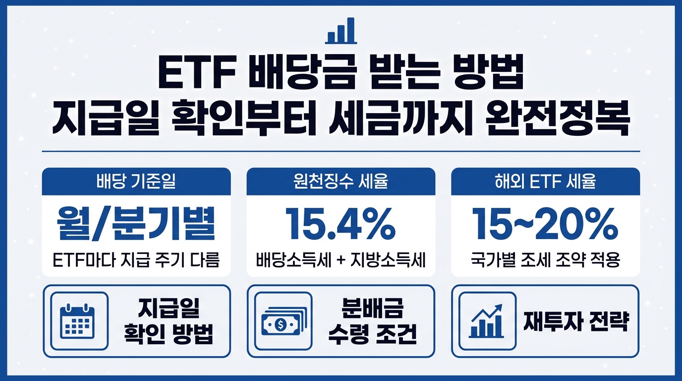 ETF 분배금 받는 방법 인포그래픽 – 지급일 확인·원천징수세율 15.4%·재투자 전략 정리
