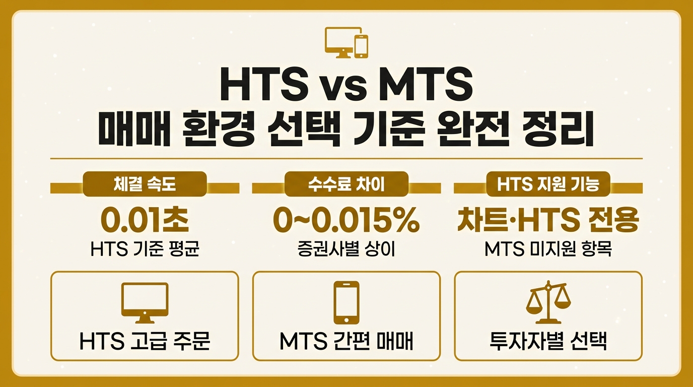 HTS MTS 차이 비교 체결속도 수수료 기능 매매 환경 선택 기준 인포그래픽