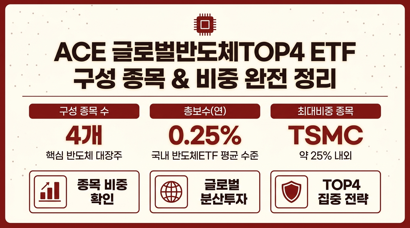 ACE 글로벌반도체TOP4 ETF 구성 종목 비중 인포그래픽 – TSMC·엔비디아·삼성전자·ASML 비율 정리