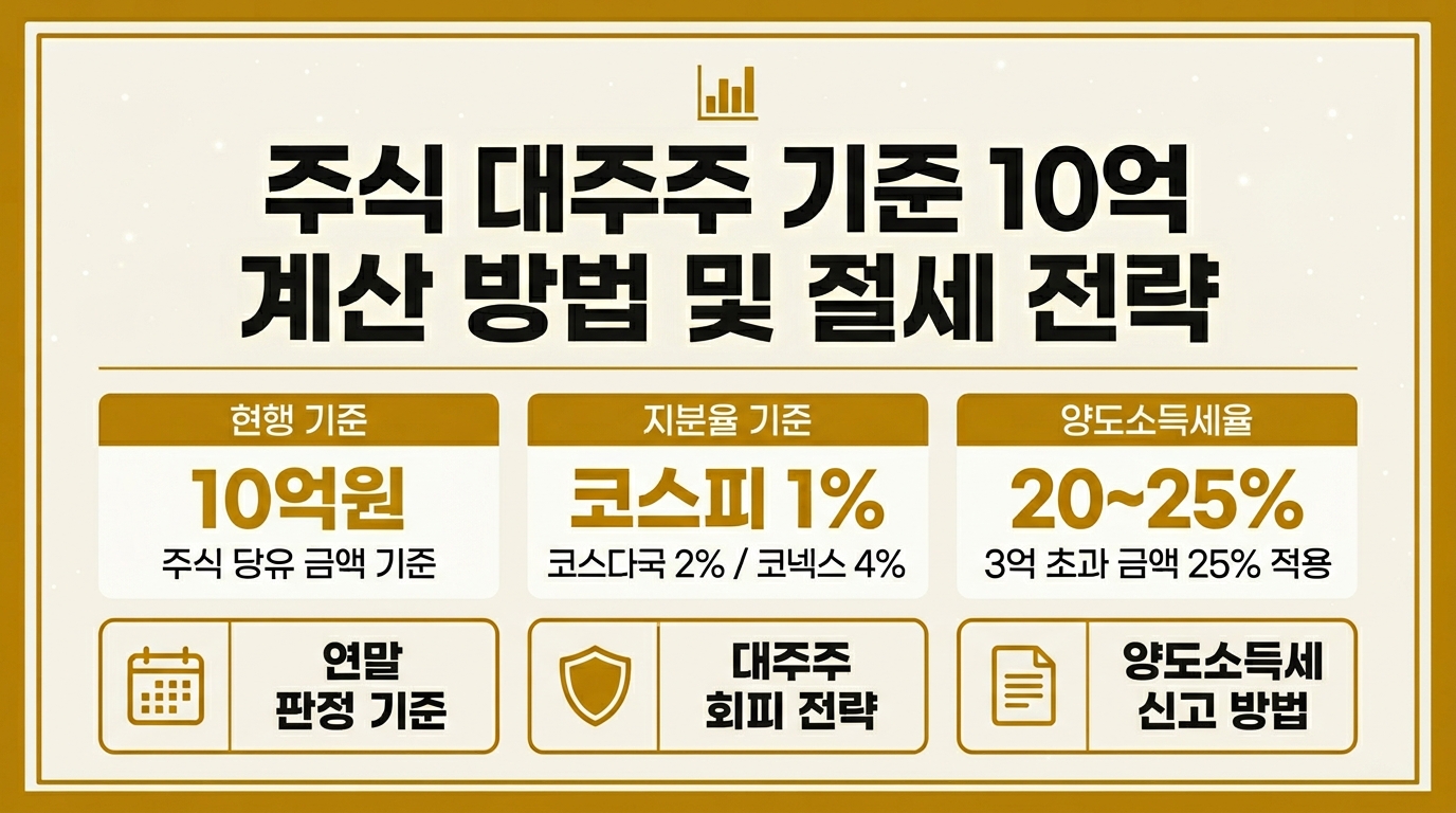 주식 대주주 기준 10억 계산 방법 인포그래픽 현행 50억원 지분율 양도세율 정리