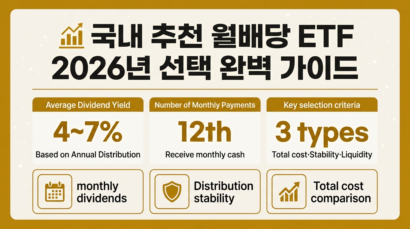 월배당 ETF 국내 추천 선택 기준 인포그래픽 – 배당수익률·총보수·분배금 안정성 2026년 비교 정리