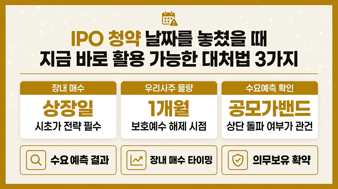 공모주 청약일 놓쳤을 때 대처법 3가지 - 장내 매수·우리사주·상장 후 전략 안내 인포그래픽