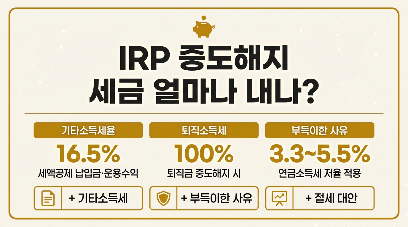 IRP 중도해지 세금 인포그래픽 – 기타소득세 16.5%·퇴직소득세 100%·부득이한 사유 저율과세 비교