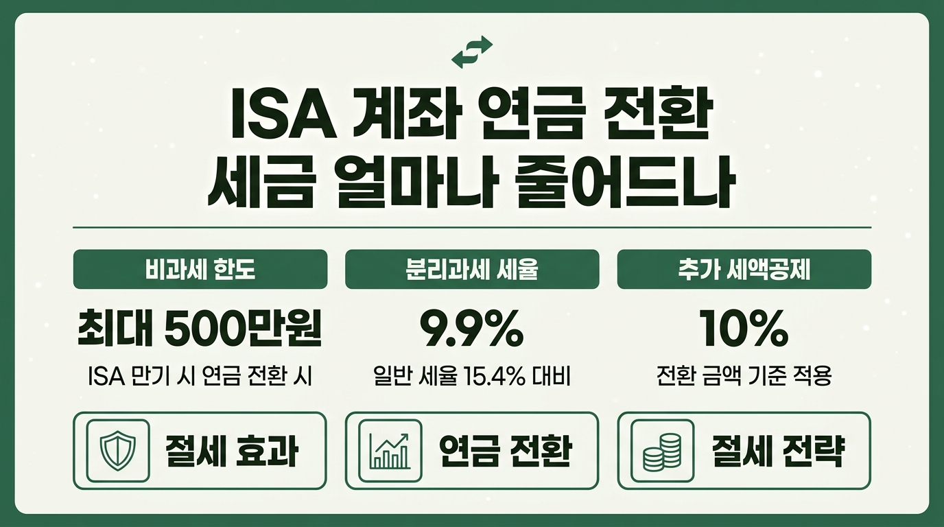ISA 계좌 연금 전환 시 세금 절감 효과 — 비과세 한도·분리과세율·추가 세액공제 비교 인포그래픽