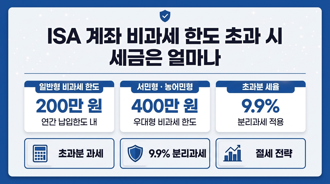 ISA 계좌 비과세 한도 초과 시 세금 구조 — 일반형 200만 원, 서민형 400만 원, 초과분 9.9% 분리과세