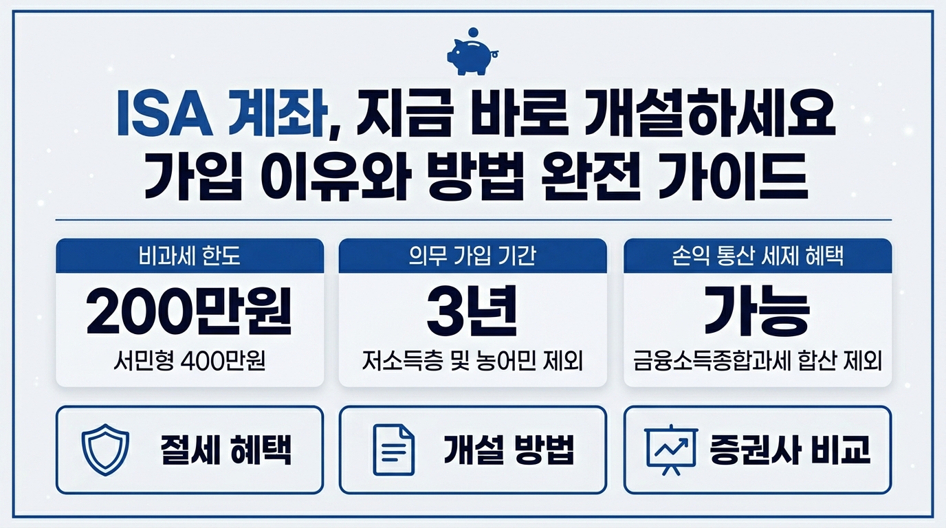 ISA 계좌 개설 방법 인포그래픽 – 비과세 200만원·의무가입기간·손익통산 절세 혜택 정리