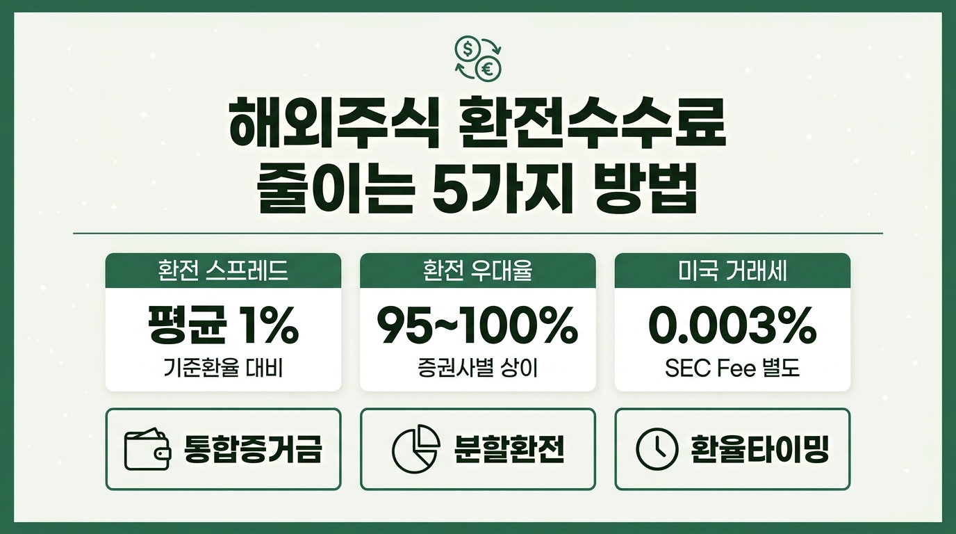해외주식 환전 수수료 줄이는 방법 인포그래픽 – 환전우대율·통합증거금·분할환전 비교