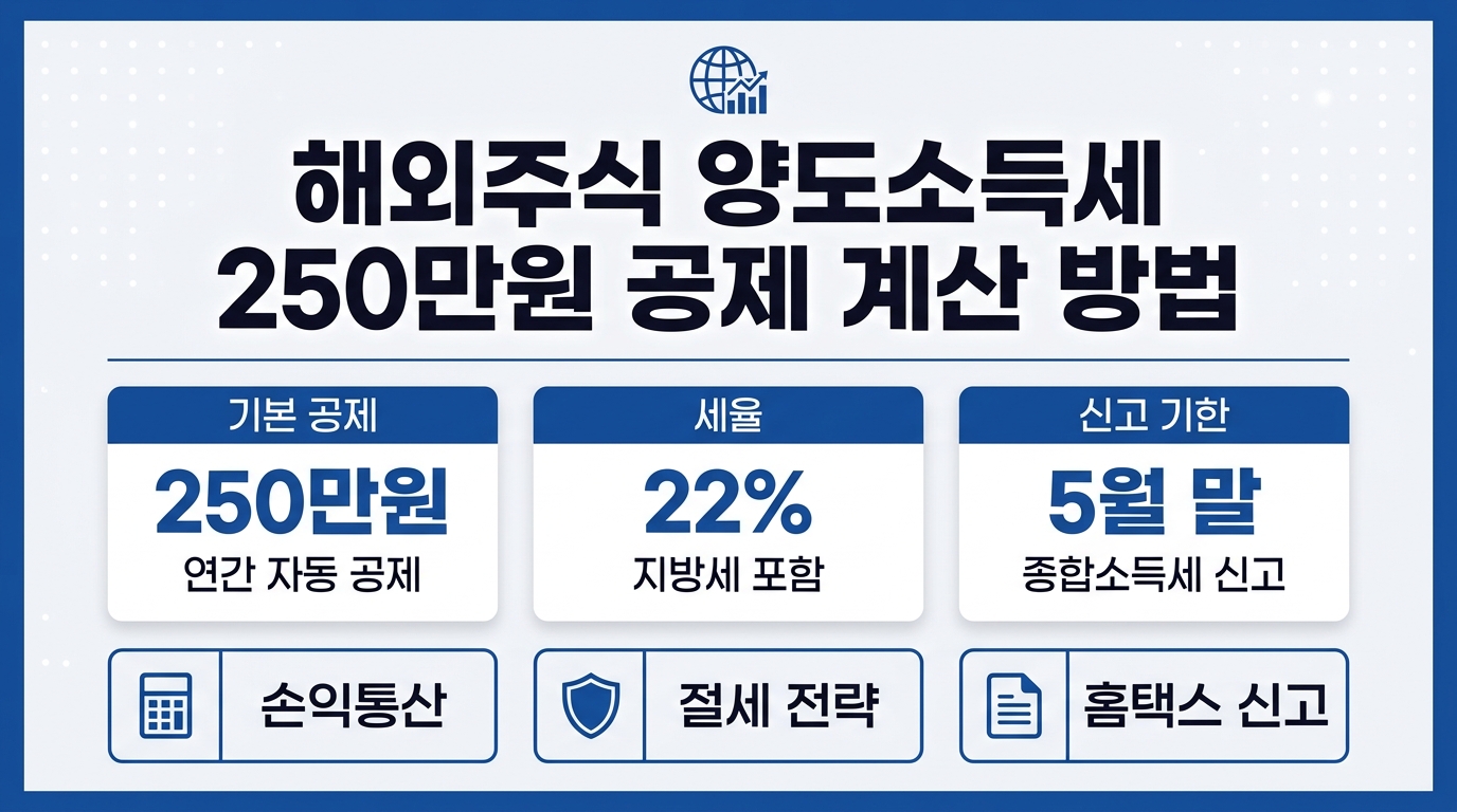 해외주식 양도소득세 250만원 공제 계산 방법 – 세율 22%, 손익통산, 홈택스 신고 절차 정리