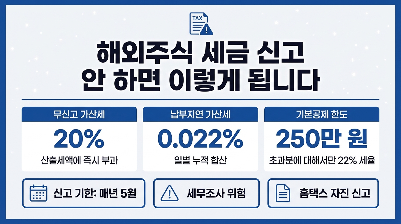 해외주식 세금 신고 미이행 시 가산세 – 무신고 20%·납부불성실 일 0.022% 정리 인포그래픽