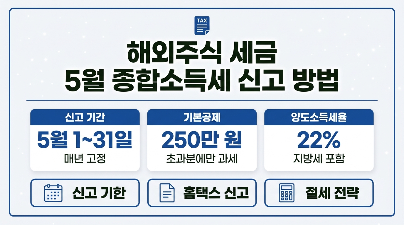 해외주식 세금 5월 종합소득세 신고 방법 인포그래픽 기본공제 250만 원 양도소득세율 22%