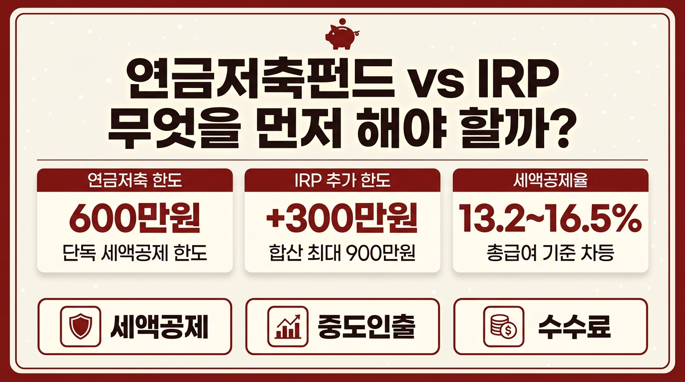 연금저축펀드 IRP 비교 인포그래픽 – 세액공제 한도·중도인출·수수료 차이 한눈에 정리