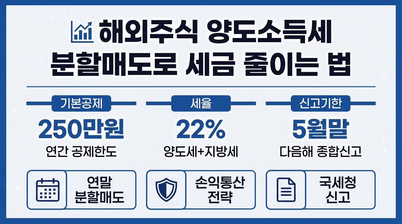 해외주식 양도소득세 분할매도 절세 전략 핵심 수치 인포그래픽