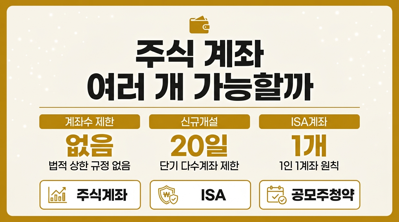 주식 계좌 여러 개 개설 가능 여부 인포그래픽 – 20영업일 제한과 ISA 1계좌 원칙
