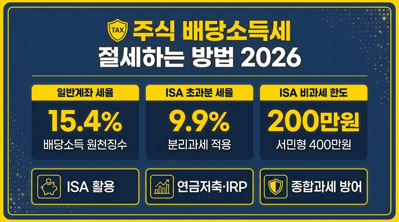 배당소득세 절세 방법 인포그래픽 – ISA 비과세 한도·9.9% 분리과세·연금저축 과세이연 2026 정리