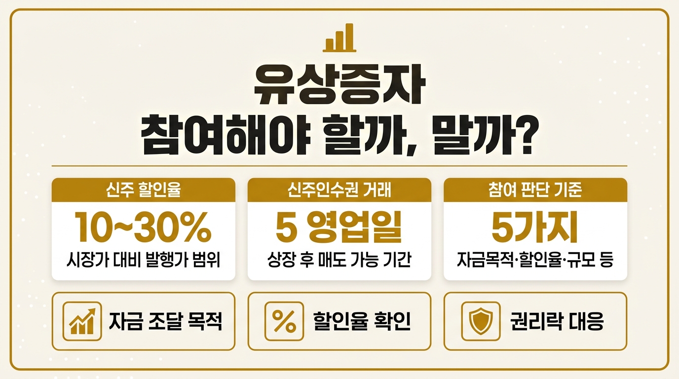 유상증자 참여 여부 판단 기준 5가지 — 할인율·자금목적·신주인수권 핵심 정리 인포그래픽