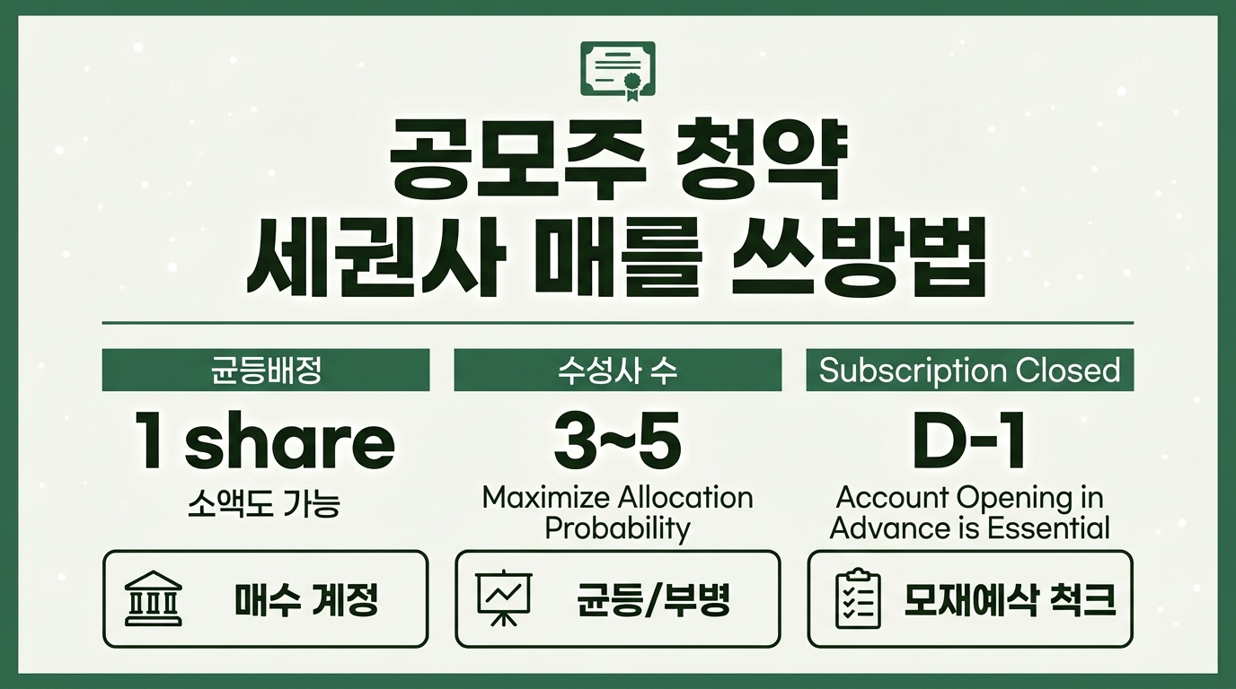 공모주 청약 증권사 여러 개 활용 방법 — 균등배정·비례배정 전략 인포그래픽