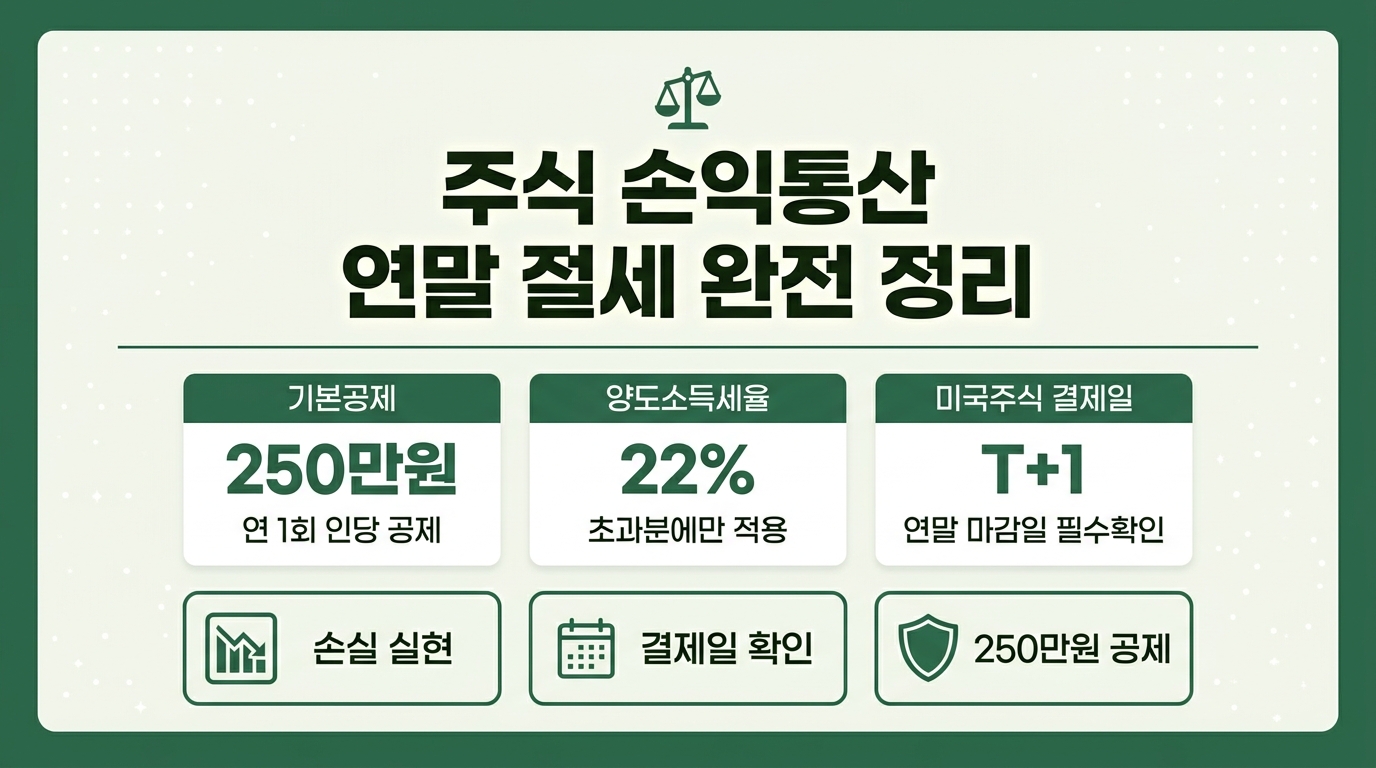 주식 손익통산 연말 절세 전략 인포그래픽 – 기본공제 250만원·세율 22%·결제일 T+1 핵심 정리