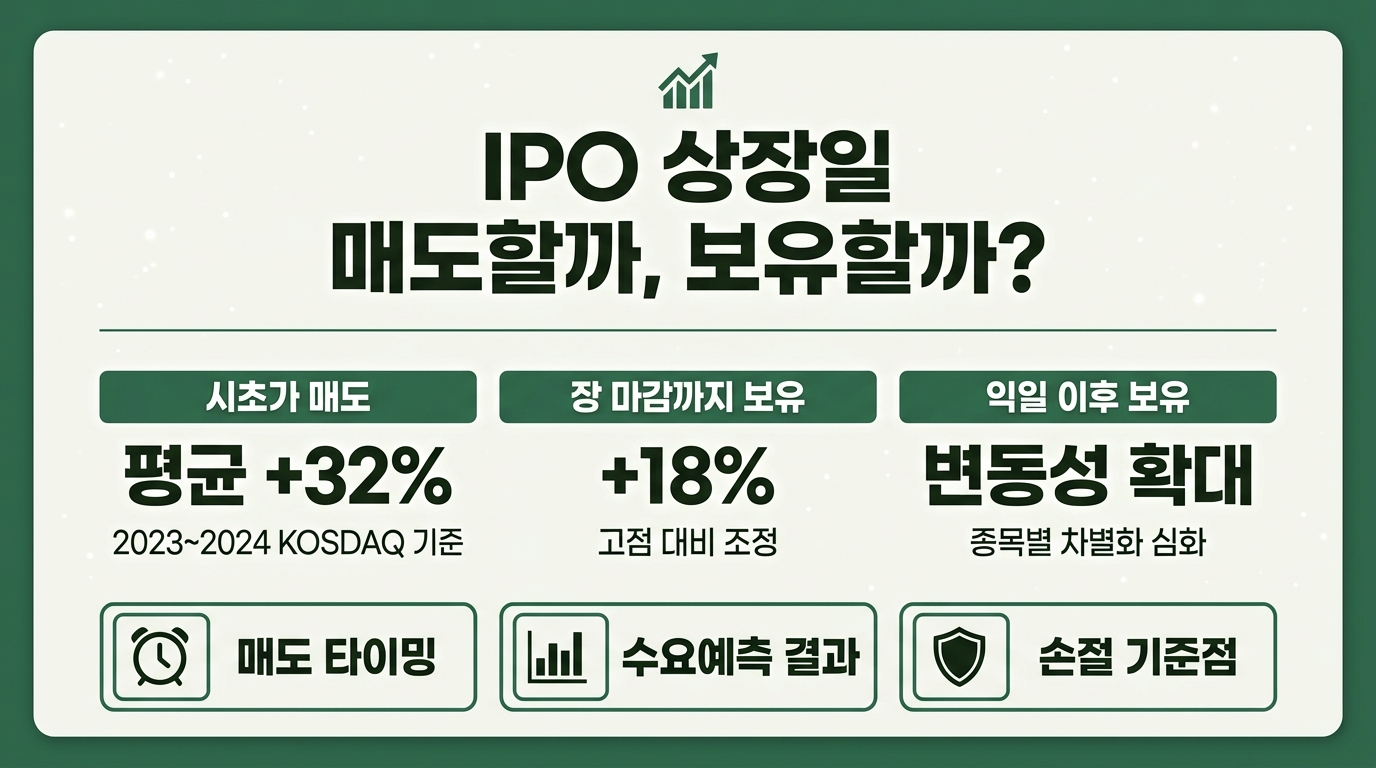 공모주 상장 당일 매도 전략 인포그래픽 – 시초가·장중·익일 보유 수익률 비교 정리
