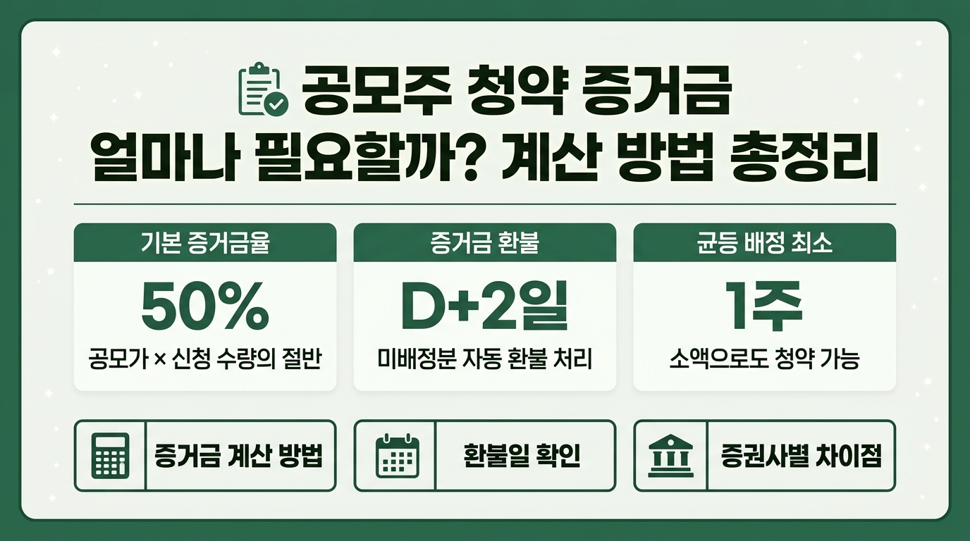 공모주 청약 증거금 계산법 인포그래픽 – 증거금률 50%·환급일 D+2·균등배정 기준 정리