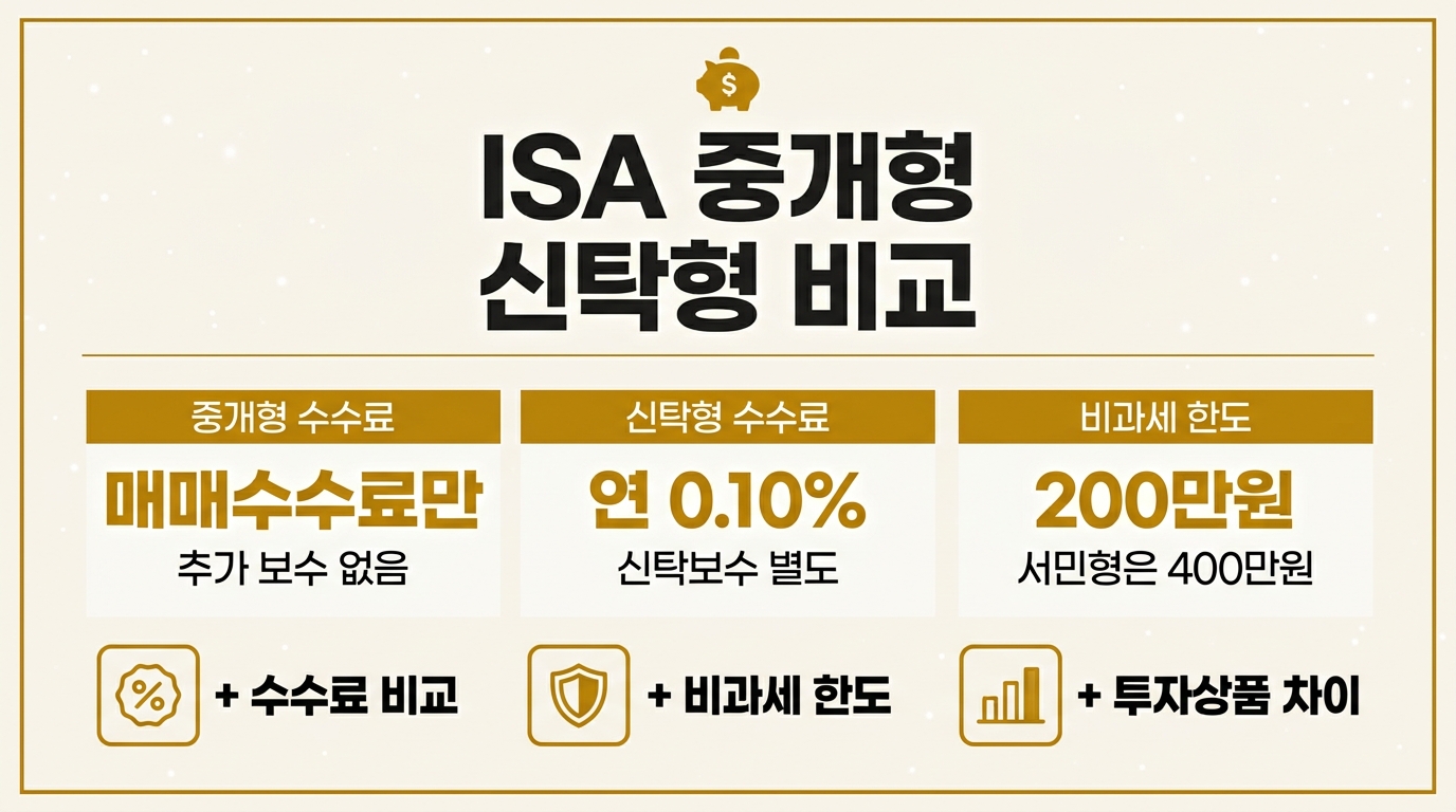 ISA 중개형 신탁형 비교 인포그래픽 – 수수료·투자상품·비과세 한도 정리