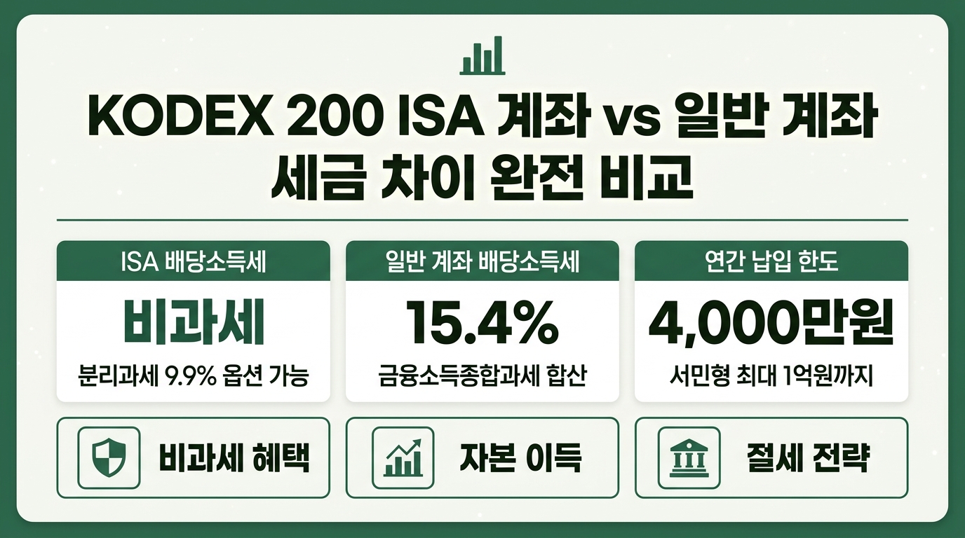 KODEX 200 ISA 계좌 vs 일반계좌 세금 차이 비교 인포그래픽 — 배당소득세·매매차익 과세 구조