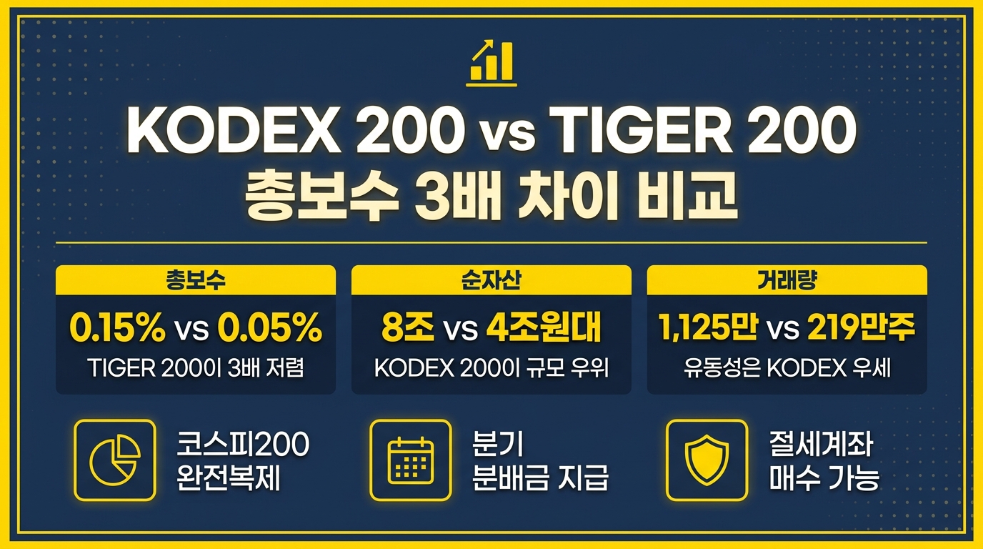 KODEX 200 TIGER 200 차이 비교 인포그래픽 – 총보수·순자산·거래량 핵심 정리