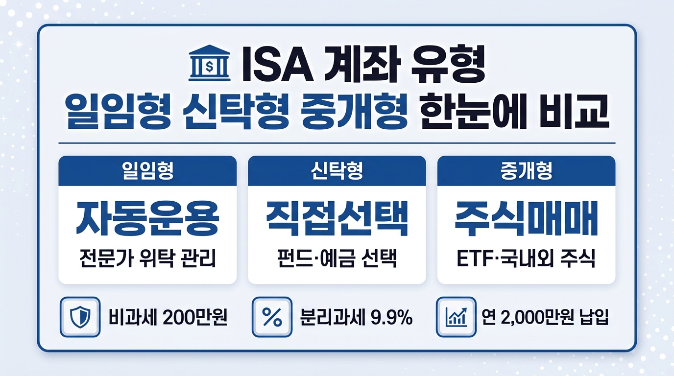 ISA 일임형 신탁형 중개형 차이 비교 인포그래픽 — 유형별 운용 방식과 절세 혜택 정리