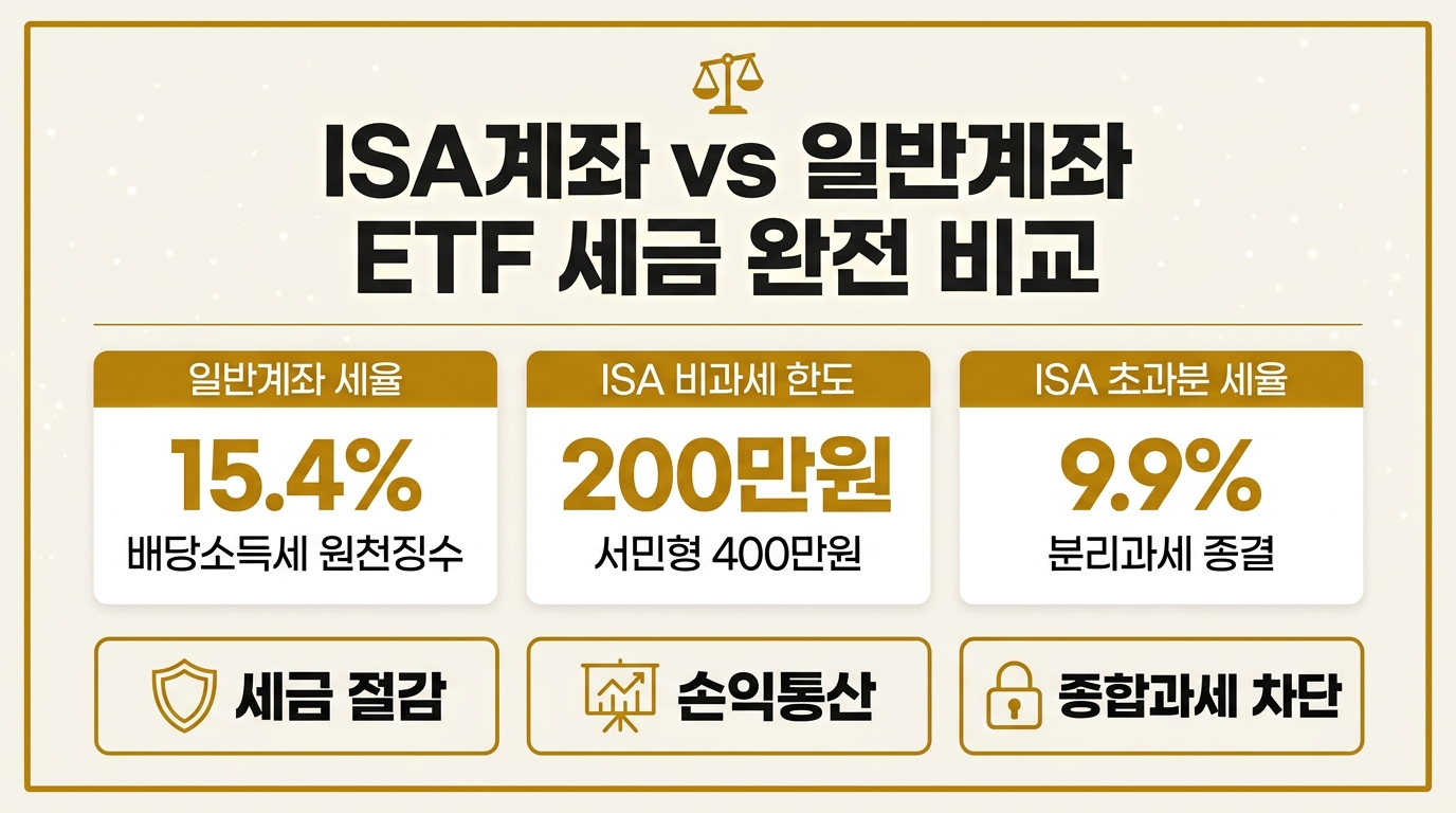 ISA계좌 ETF 세금 vs 일반계좌 비교 인포그래픽 TIGER S&P500 기준 배당소득세 15.4% vs 9.9%