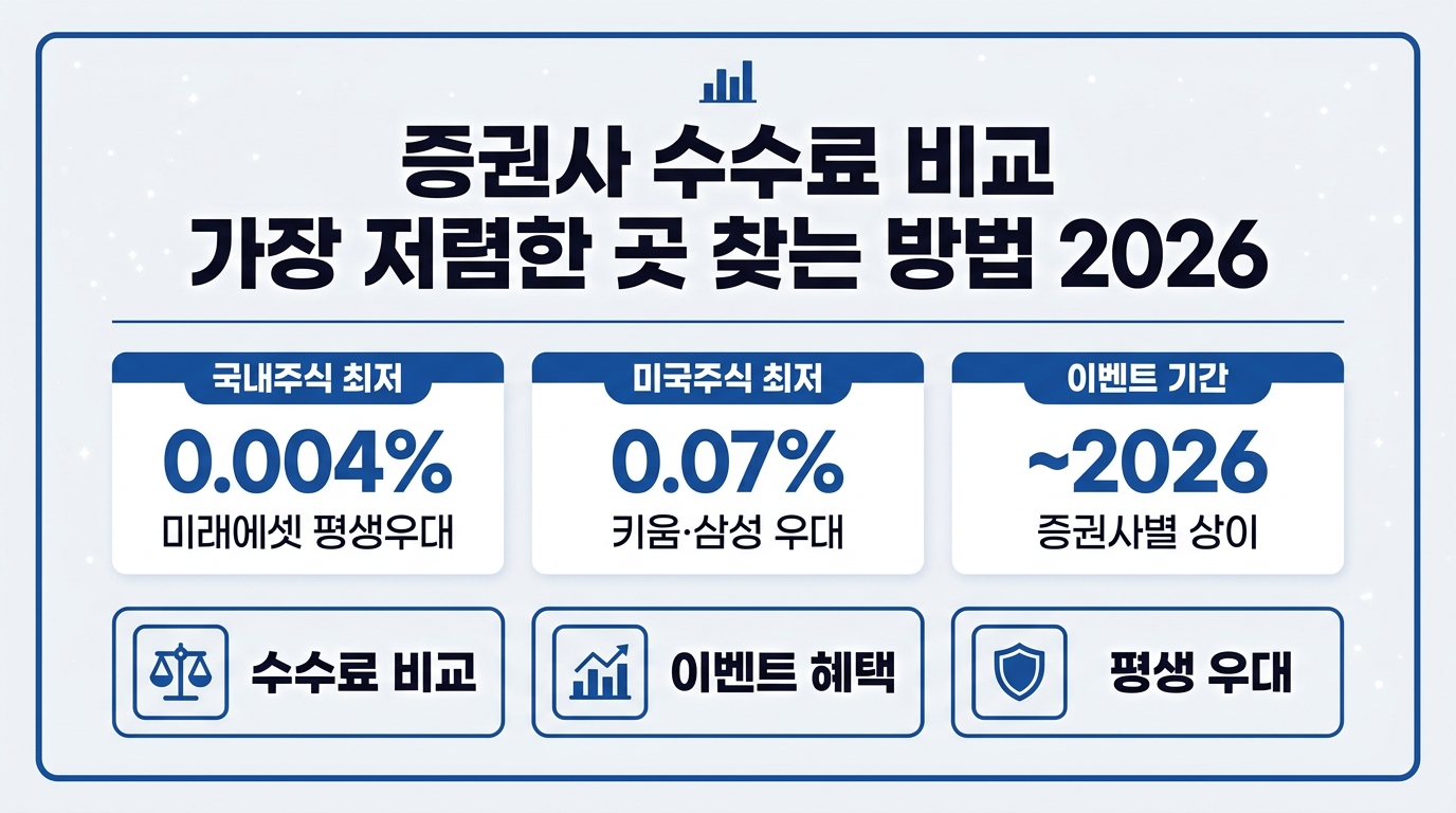 증권사 수수료 비교 인포그래픽 – 국내주식 0.004% 미래에셋 평생우대, 미국주식 0.07% 키움·삼성 정리