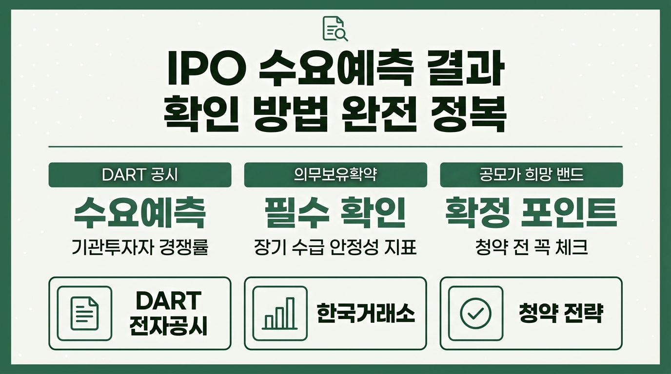 공모주 수요예측 결과 확인 방법 – DART·한국거래소 경쟁률·의무보유 확약 비율 정리 인포그래픽