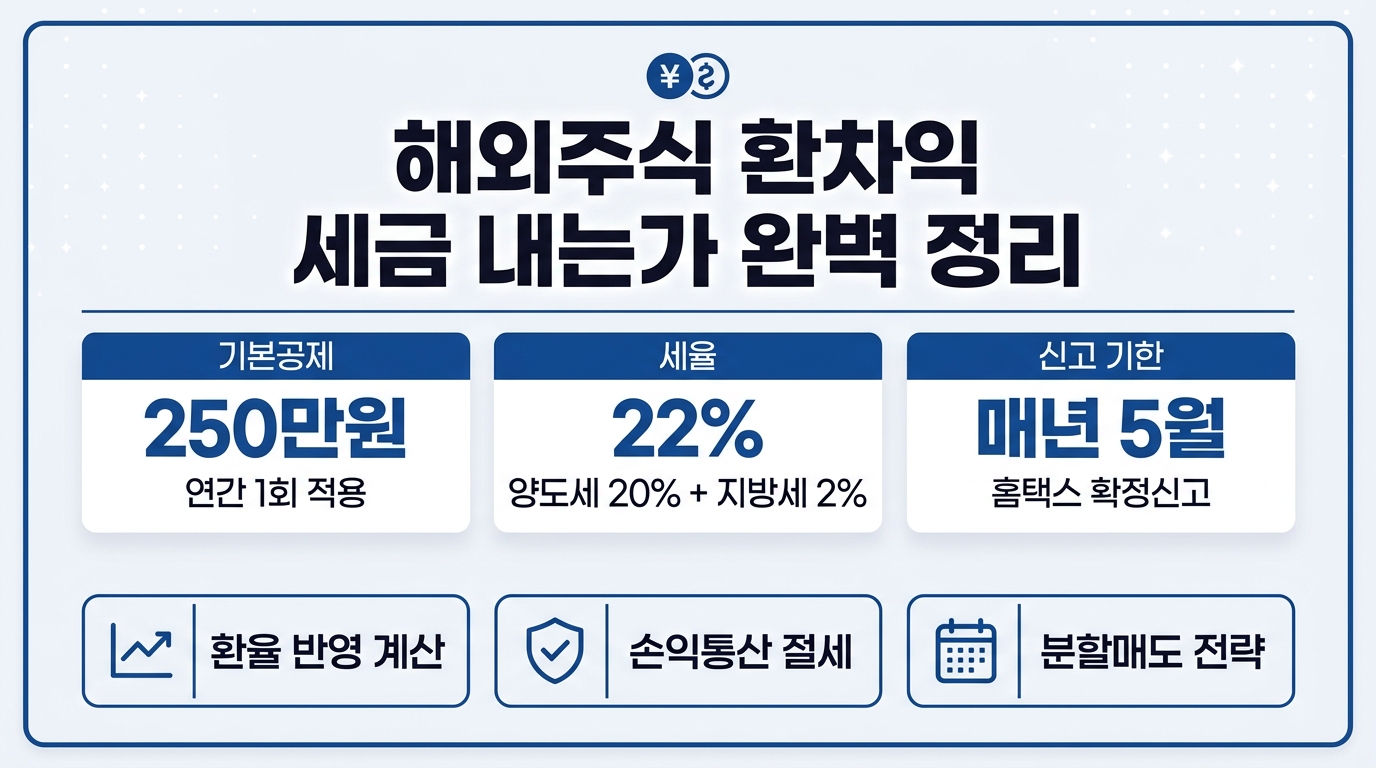 해외주식 환차익 세금 과세 구조 요약 인포그래픽 — 기본공제 250만원, 세율 22%, 매년 5월 신고
