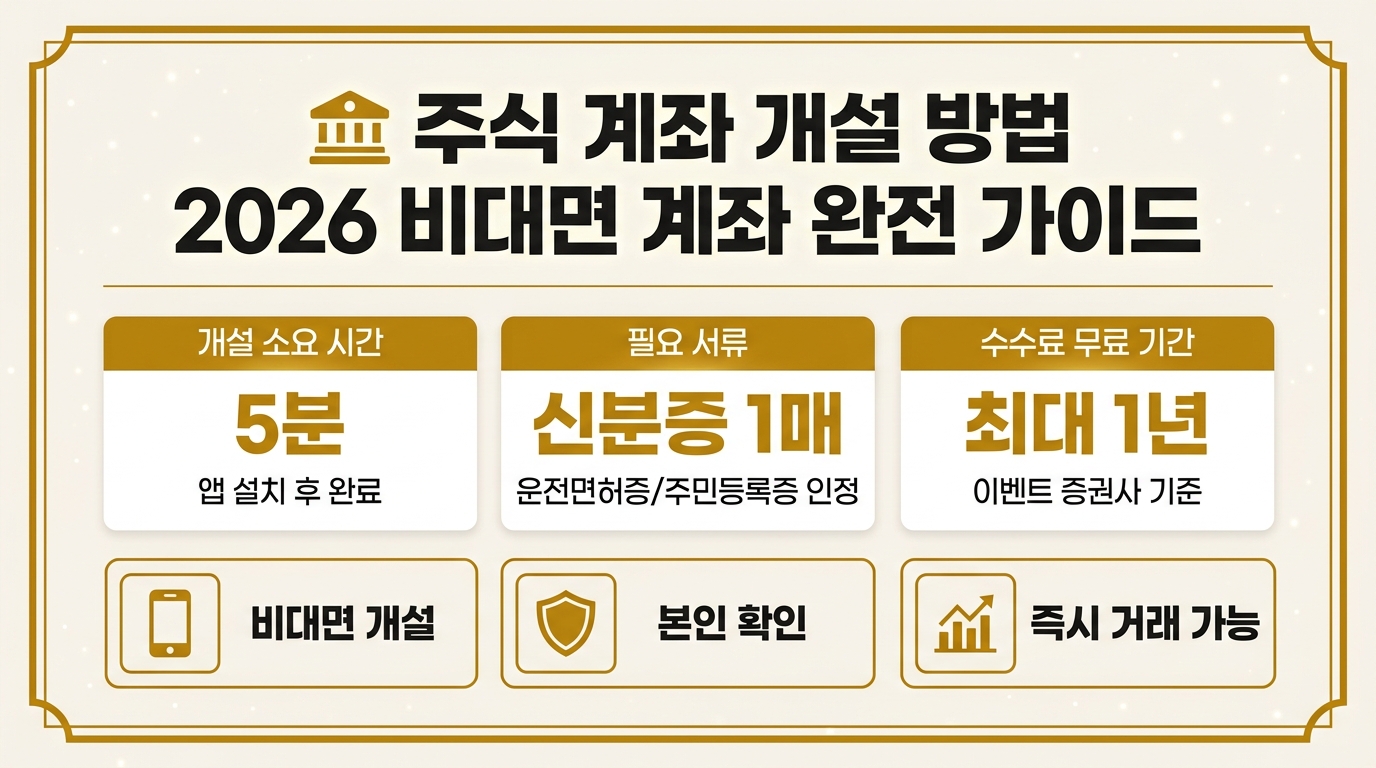 주식 계좌 개설 방법 2026 비대면 인포그래픽 – 개설 시간·필요 서류·수수료 무료 기간 한눈에 정리