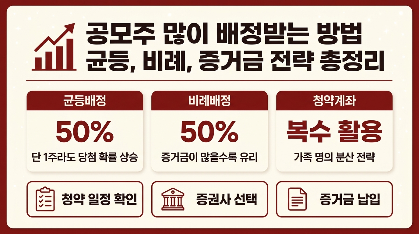 공모주 배정 많이 받는 방법 인포그래픽 – 균등·비례 배정 비율과 증거금·청약 계좌 전략 정리