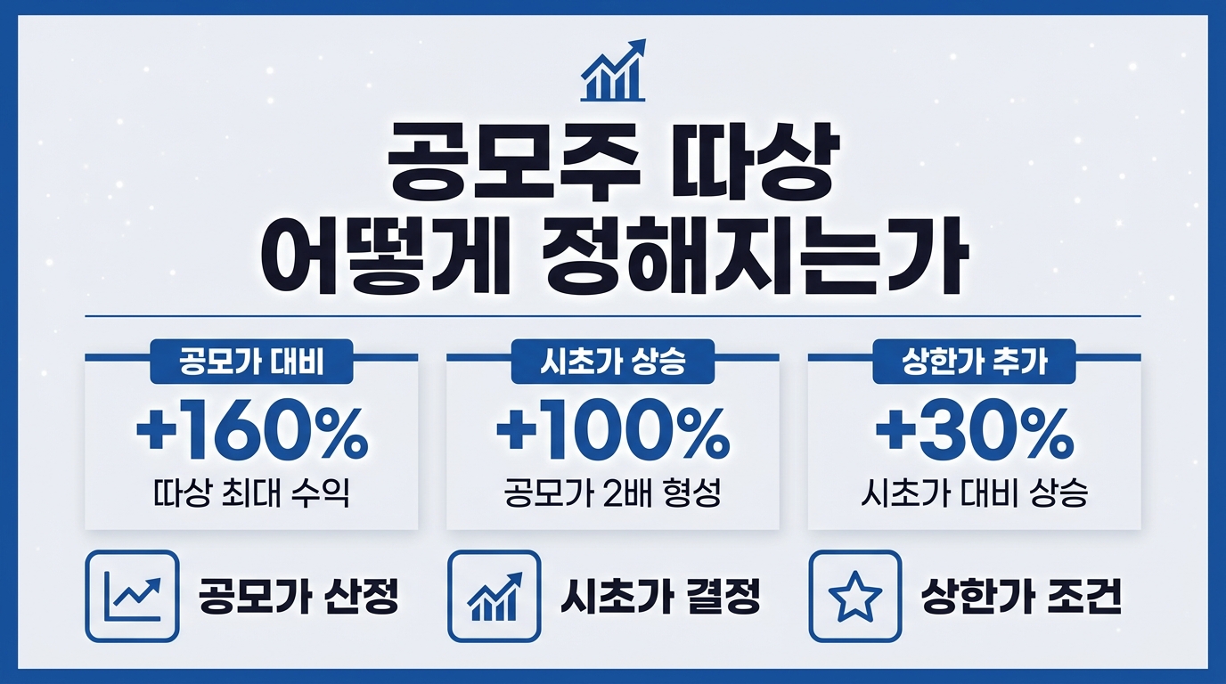 공모주 따상 조건과 수익률 계산법 인포그래픽 — 시초가 2배 상한가 구조