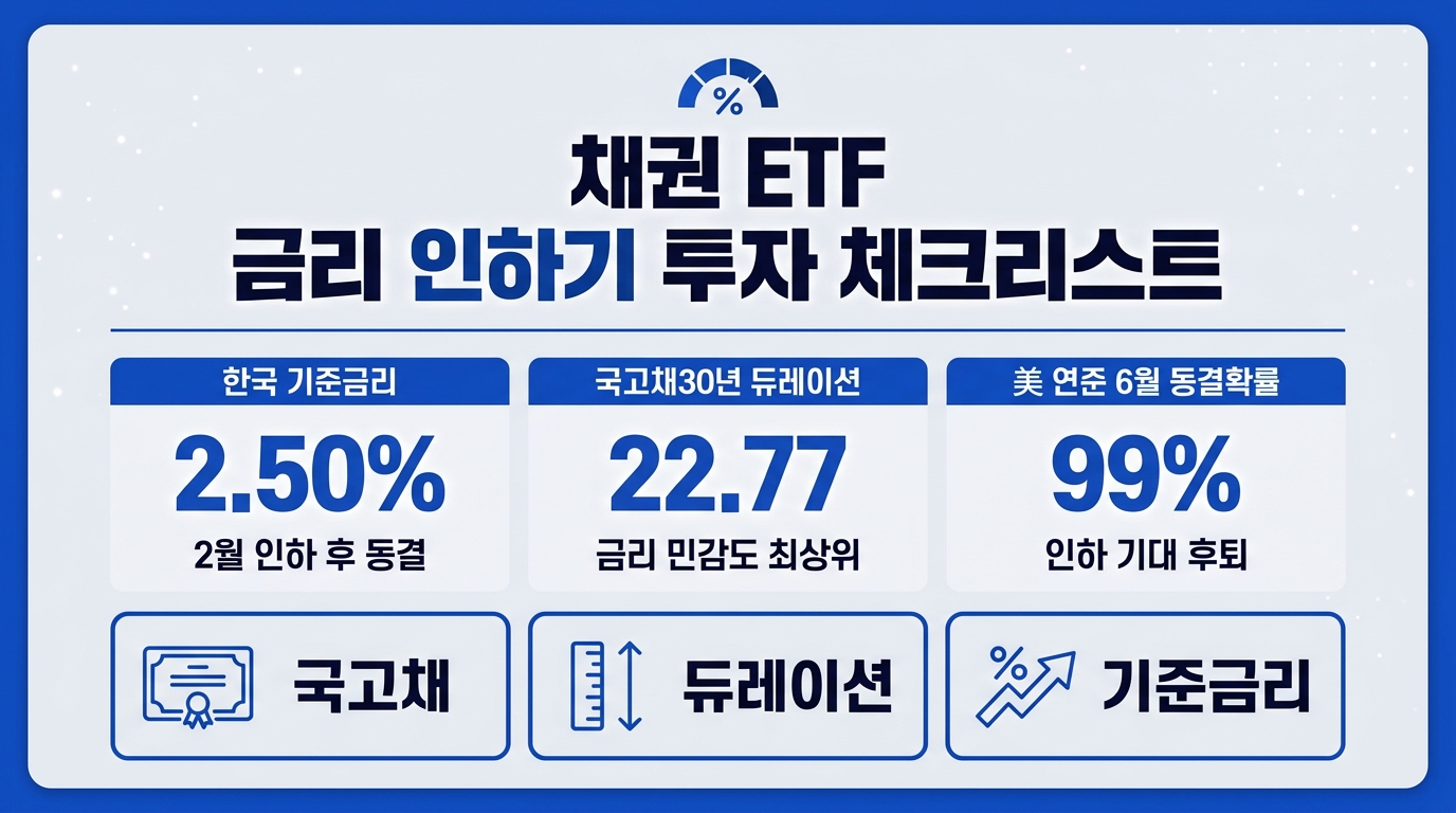 채권 ETF 금리 인하기 투자 인포그래픽 – 국고채30년 듀레이션·YTM·기준금리 비교