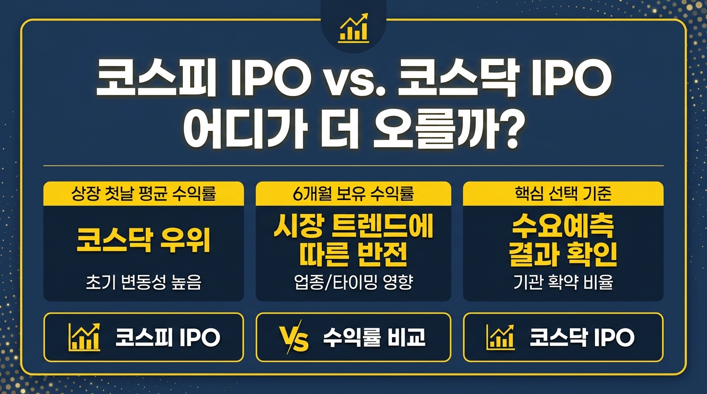 코스피 공모주 vs 코스닥 공모주 상장 수익률 비교 인포그래픽