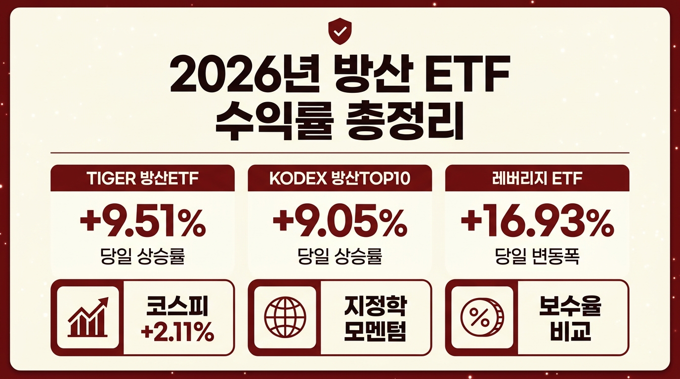 방산 ETF 수익률 비교 인포그래픽 - KODEX·TIGER 당일 상승률과 레버리지 변동폭 정리