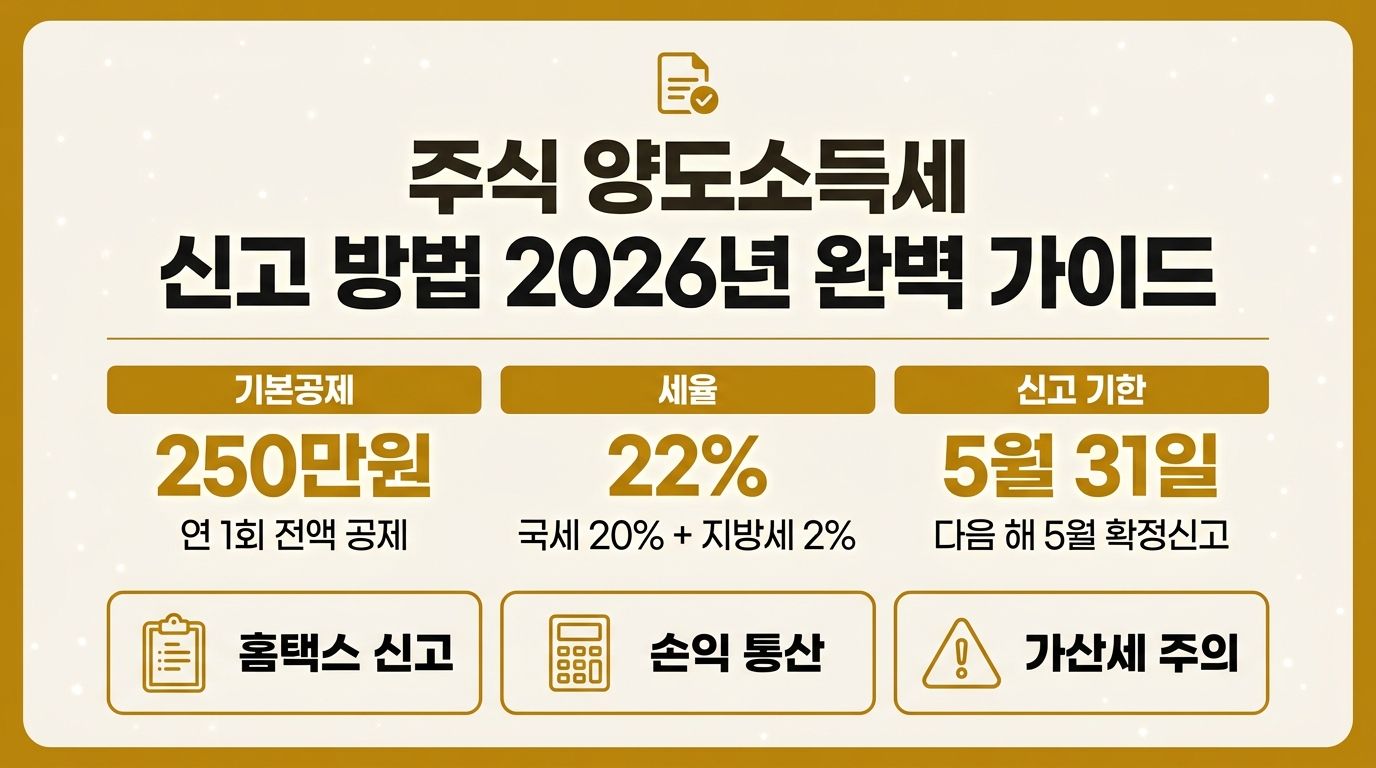 주식 양도소득세 신고 방법 2026년 인포그래픽 – 기본공제 250만원·세율 22%·신고기한 5월 31일 정리