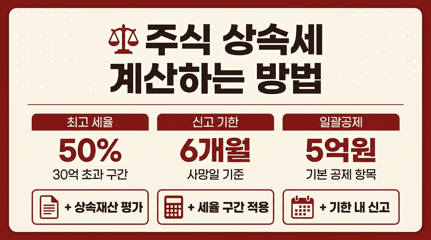 주식 상속세 계산 방법 인포그래픽 – 세율 50%·일괄공제 5억·신고기한 6개월 핵심 정리