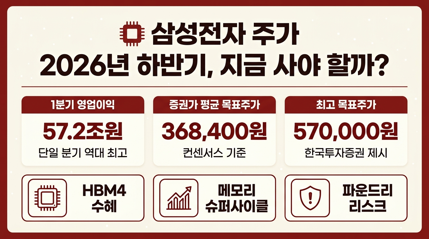 삼성전자 주가 2026년 하반기 분석 인포그래픽 – 1분기 57.2조·목표주가 36.8만원·HBM4 핵심 포인트 정리