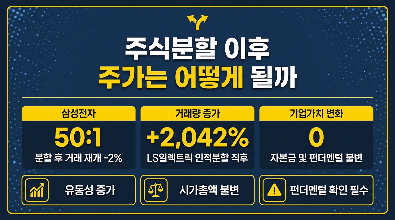 주식 분할 후 주가 변화 — 삼성전자 50대1 사례와 유동성 효과 인포그래픽