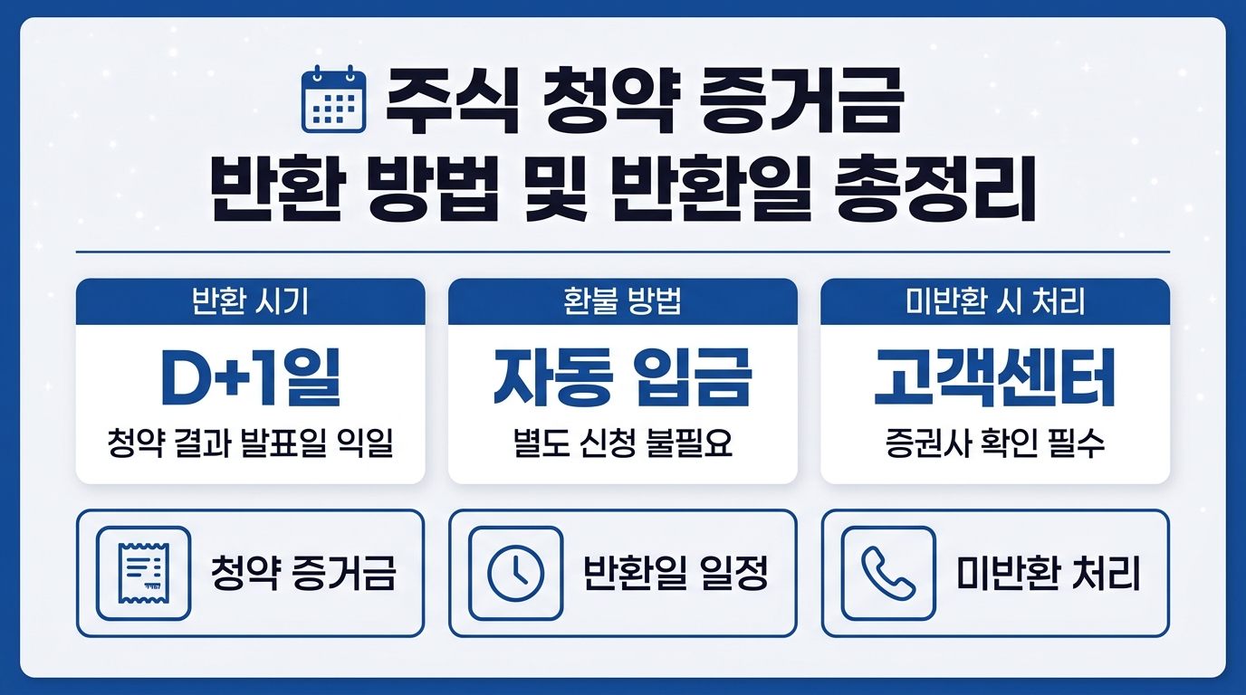 주식 청약 증거금 반환 방법과 반환일 일정을 정리한 인포그래픽