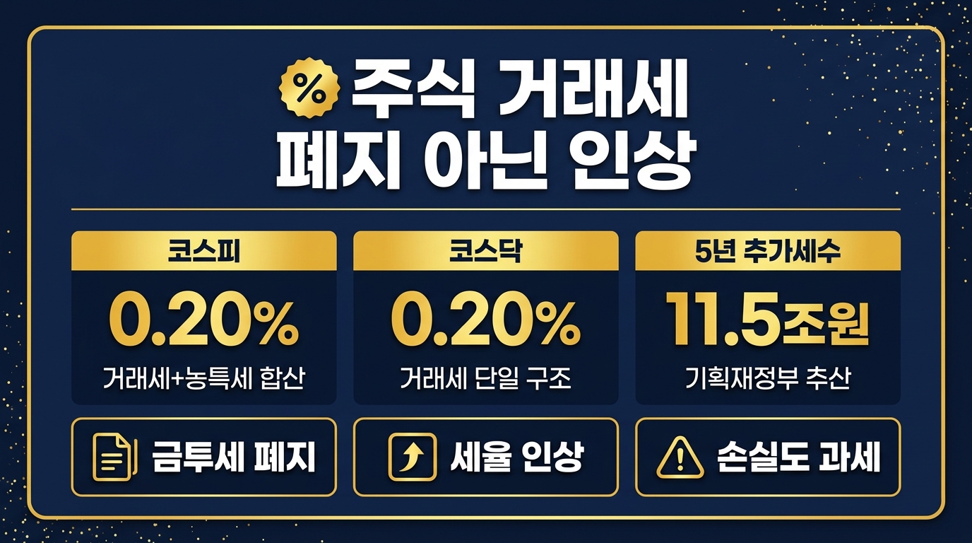 주식 거래세 폐지 여부 인포그래픽 – 2026년 코스피·코스닥 세율 0.20% 비교